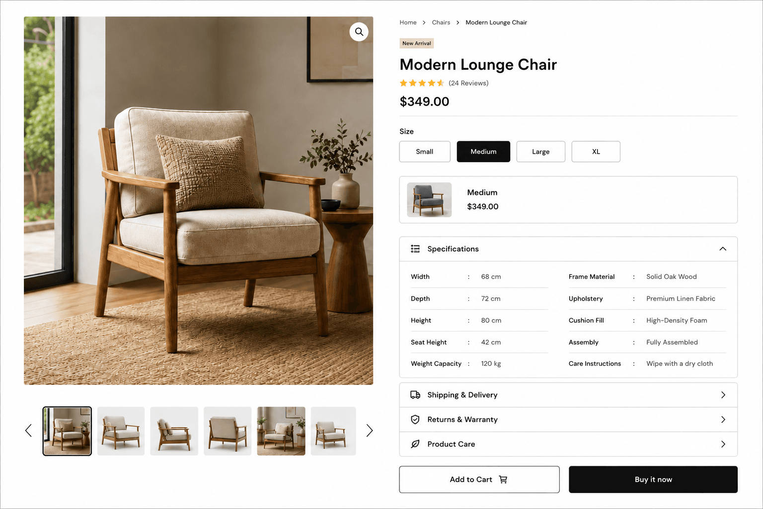 Modern Shopify product page for a lounge chair with variant tabs (Small, Medium, Large, XL) and an expanded specifications accordion